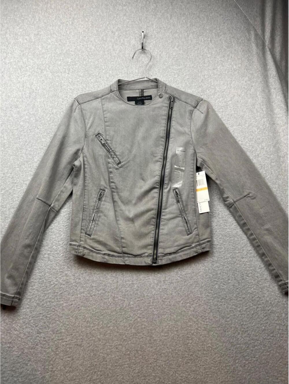 Calvin Klein Moto Denim Jean Jacket Asymmetrical Zip Up Womens S Casual